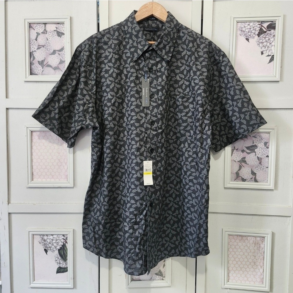 Van Heusen Studio Mens Large Ebony Grey Leaf Print Textured Cotton Shirt 3102